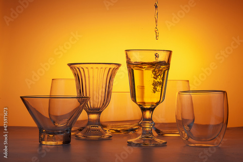 A close-up shot of empty glassware placed