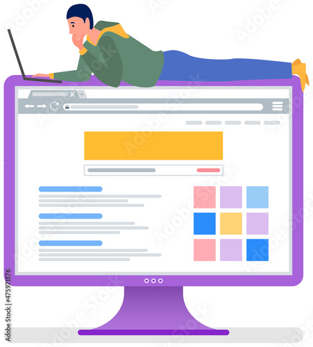 Distance learning, freelance and internet entertainment. Man lying on monitor with laptop working with program. Remote work, online freelancing. Online programming, internet surfing with website