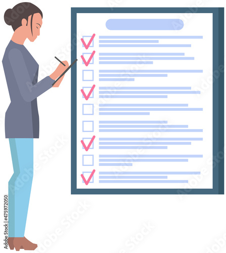 Month scheduling, to do list, time management concept. Woman stands near to do plan and planning schedule. Plan fulfilled, task completed, timetable sheet. Lady works with check list planning