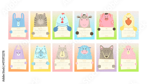 2022 calendar for each month, cute animal holding a monthly calendar sheet, hand drawn childish style