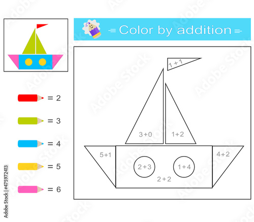 Color by addition. Math activity for kids. Developing numeracy skills. Number range up to 10. 