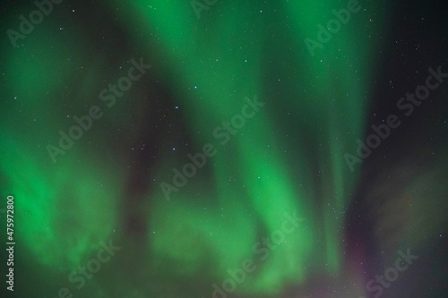 Night starry sky with breathtaking Aurora Borealis lights in Kvaloya, Arctic region, Norway photo