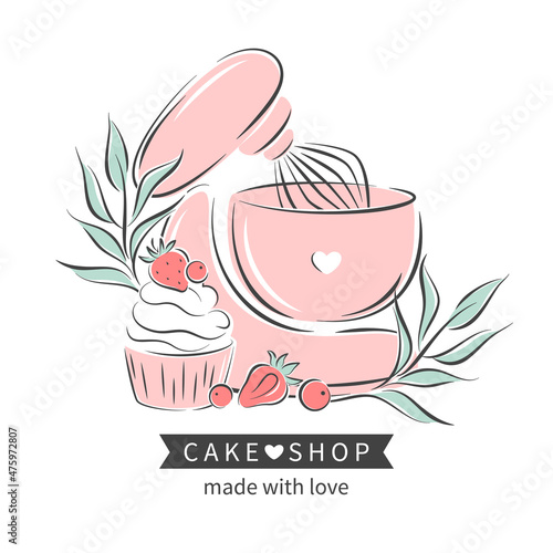 Cake shop logo. Planetary stationary dough mixer, cupcake and berries. Vector illustration on white background 
