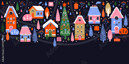 Wallpaper Mural Happy New Year and Merry Christmas. Night cute town on background a winter landscape. Hand drawn illustration of Christmas tree, city, houses, streets. Bright colored horizontal banner, card, poster. Torontodigital.ca