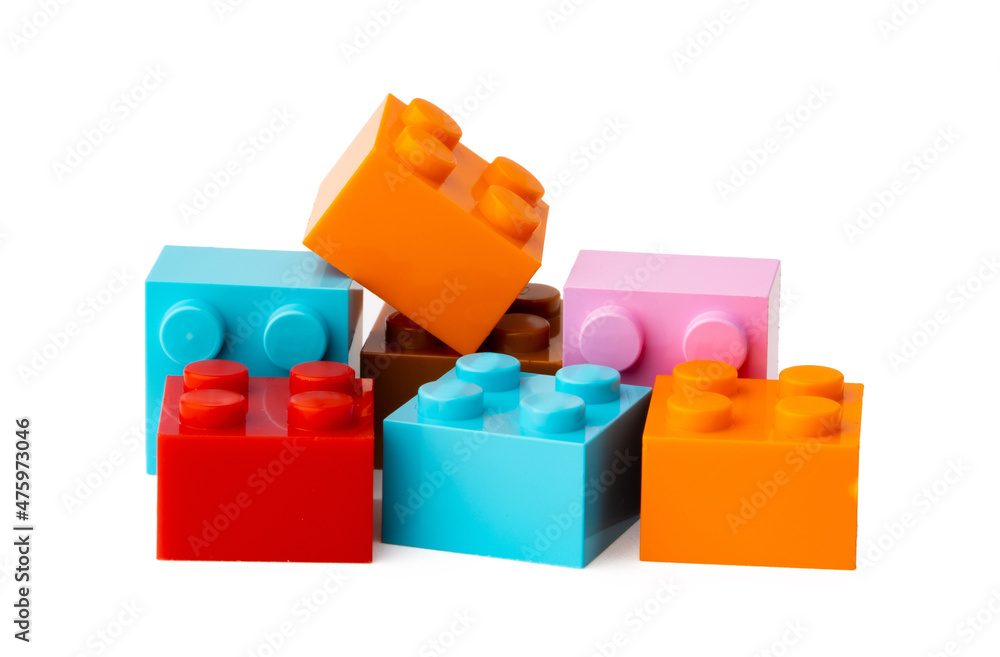 Colorful plastic toy building blocks isolated on white Colorful plastic toy building blocks isolated on white