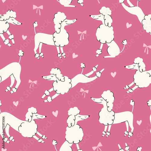 Vector seamless pattern with cartoon  poodles, heart and bows on pink background. Hand-drawn animal seamless fabric design. Cute Poodle dog. Doodle style. For textiles, clothing, bed linen.