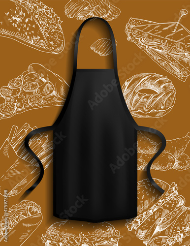 Black apron on background of bakery. Clothes for work in kitchen, protective clothing for cooking. Dark chef clothing vector illustration. Apron for cooking in kitchen and clothes protection