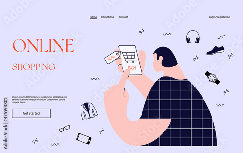 Online shopping process. Young man buying goods in internet store