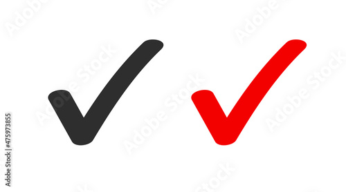 Check mark tick icon vector for correct positive vote answer or correct and accepted red and black checkmark pictogram isolated on white, hand drawn true and agree checklist element