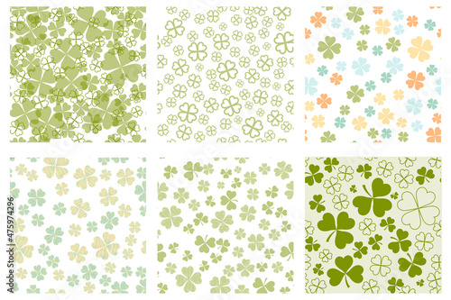 Set of Abstract seamless pattern with green shamrock shapes