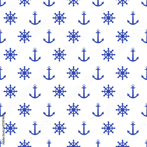 Blue see anchor seamless pattern. Flat vector illustration