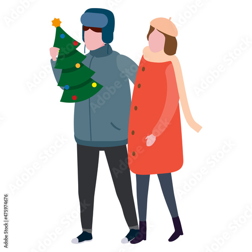 Happy young couple family with with gift xtree, winter cold weather clothes, cap, warm coat, boots. Cartoon flat style photo