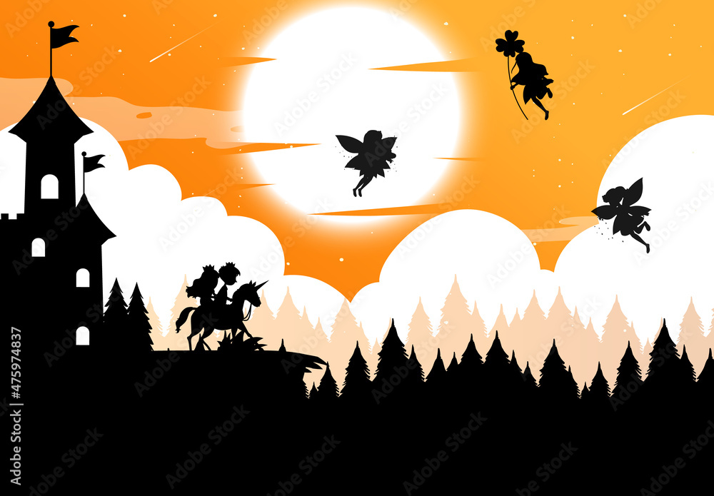 Silhouette fairies with full moon background