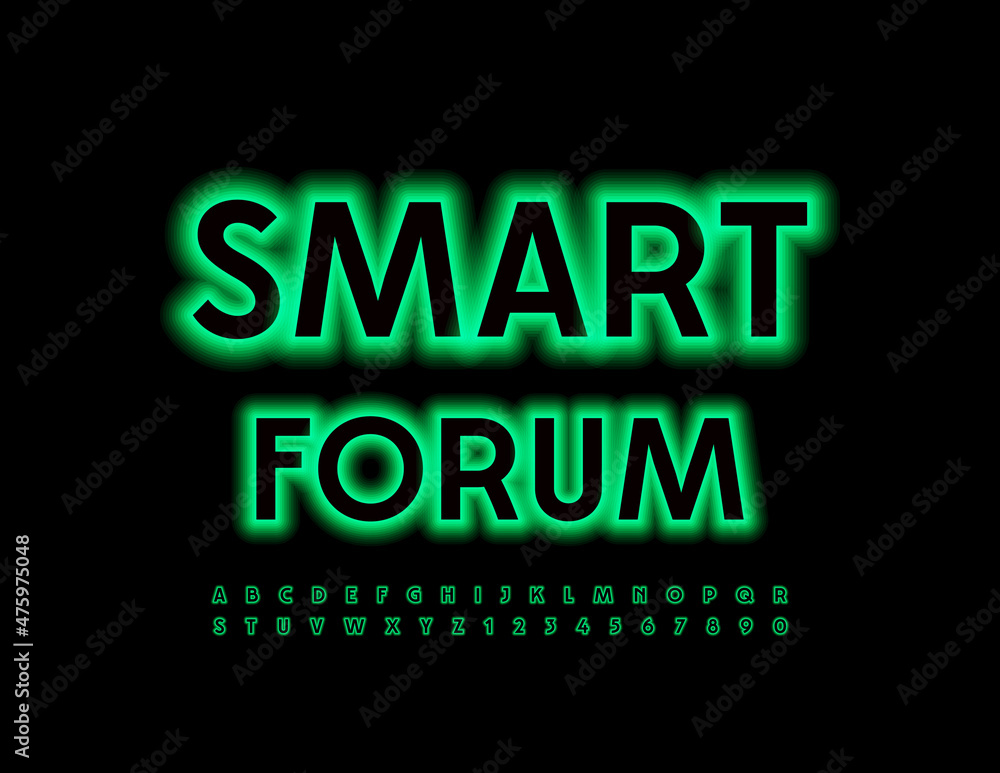 Vector Bright Sign Smart Forum. neon Green Font. Glowing Alphabet Letters and Numbers set