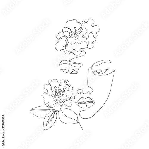 Lineart female face. Asian women drawn in one line, camellia flowers boho style for business, invitations, price lists and cards