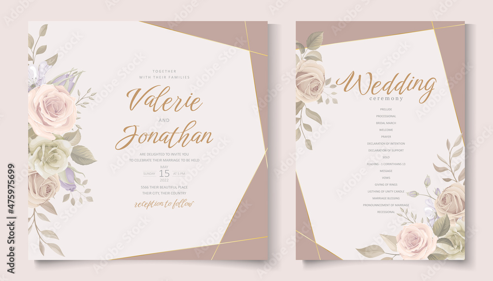 Wedding invitation template set with floral and leaves decoration Wedding invitation template set with floral and leaves decoration