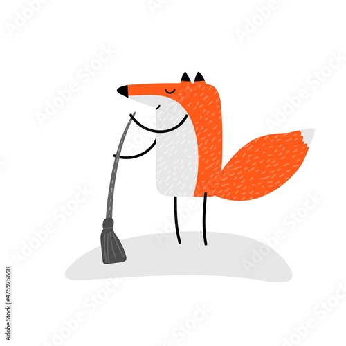 Cartoon fox sweeping forest with broom. Vector hand drawn illustration on white backdround. Cute cartoon character. Flat colors animal icon for card, banner. Cleanliness, save planet, ecology concept