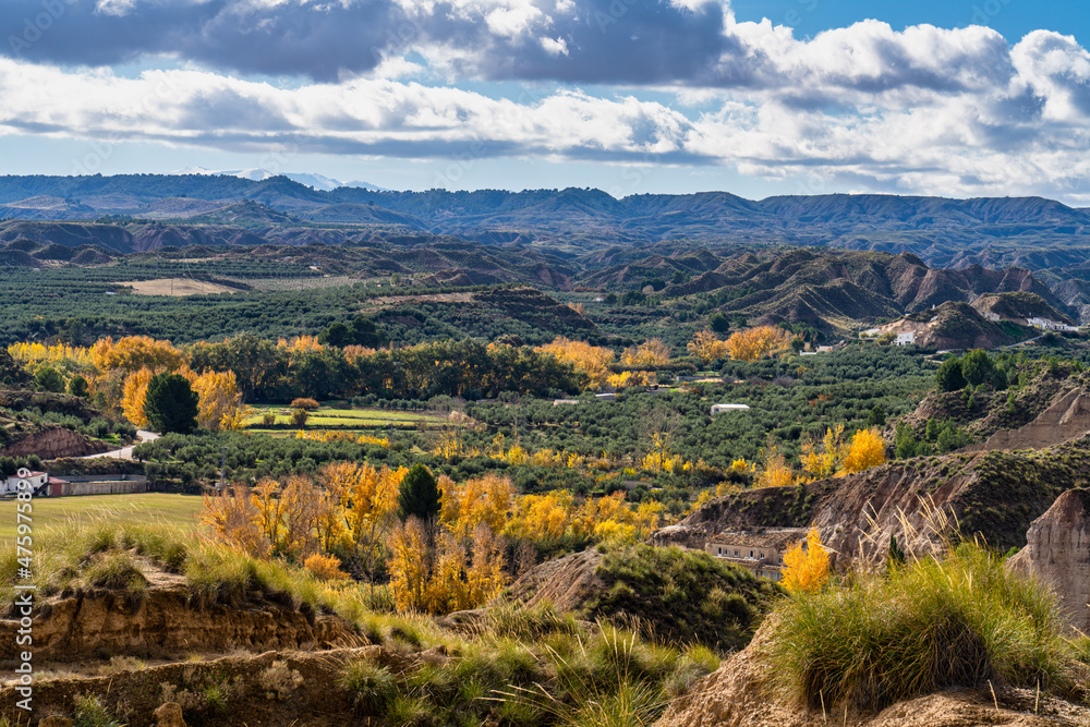 Landscape near Bacor Olivar at Embalse de Negratin reservoir lake in Spain