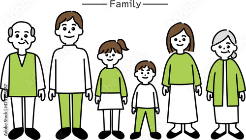 祖父、父、娘、息子、母、祖母の拡大家族の正面を向いたシンプルなイラスト。