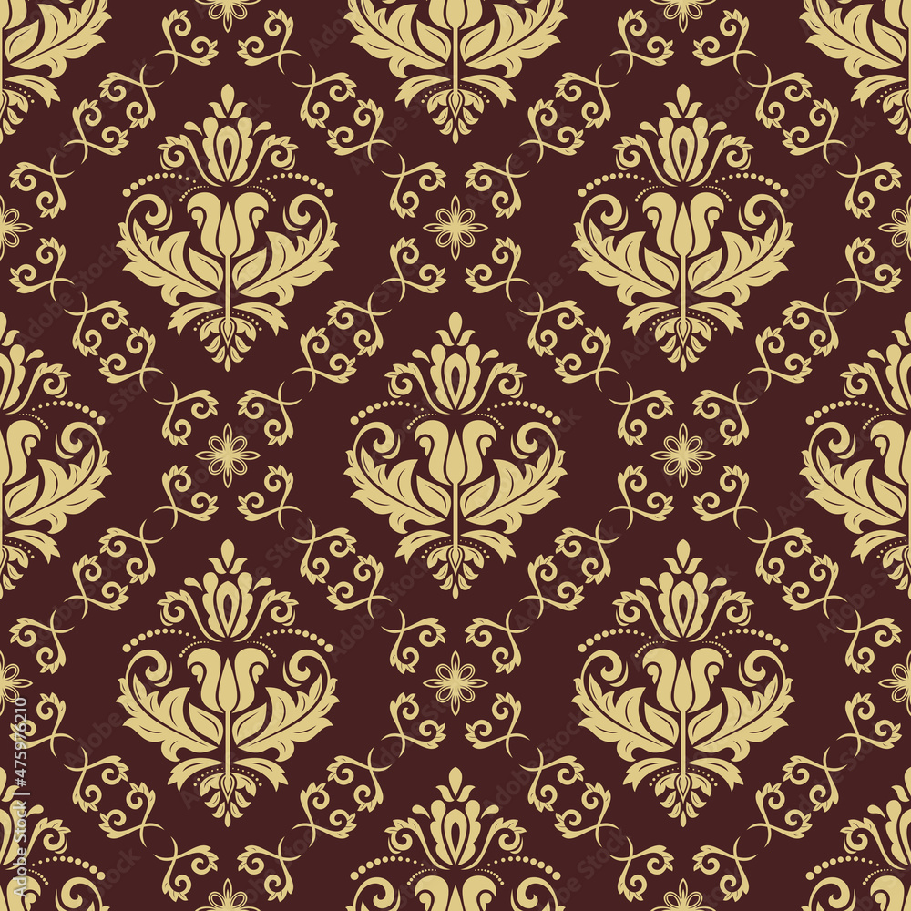 Classic seamless vector pattern. Damask orient brown and golden ornament. Classic vintage background. Orient ornament for fabric, wallpapers and packaging Classic seamless vector pattern. Damask orient brown and golden ornament. Classic vintage background. Orient ornament for fabric, wallpapers and packaging