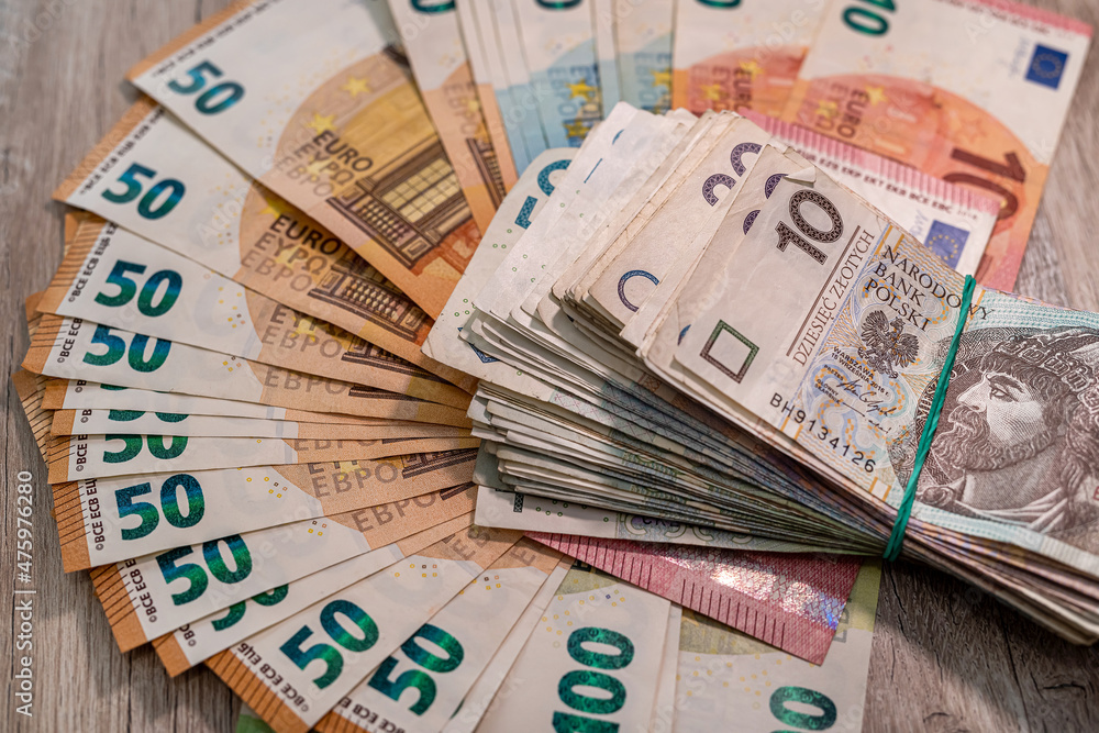 zloty vs euro. exchange european money. currency background