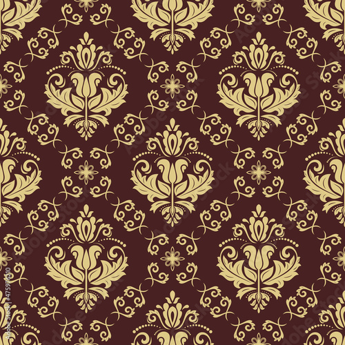 Classic seamless vector pattern. Damask orient brown and golden ornament. Classic vintage background. Orient ornament for fabric, wallpapers and packaging