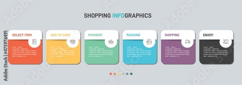 Concept of shopping process with 6 successive steps. Six colorful graphic elements. Timeline design for brochure, presentation, web site. Infographic design layout.