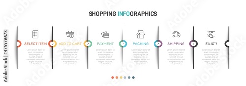 Concept of shopping process with 6 successive steps. Six colorful graphic elements. Timeline design for brochure, presentation, web site. Infographic design layout.