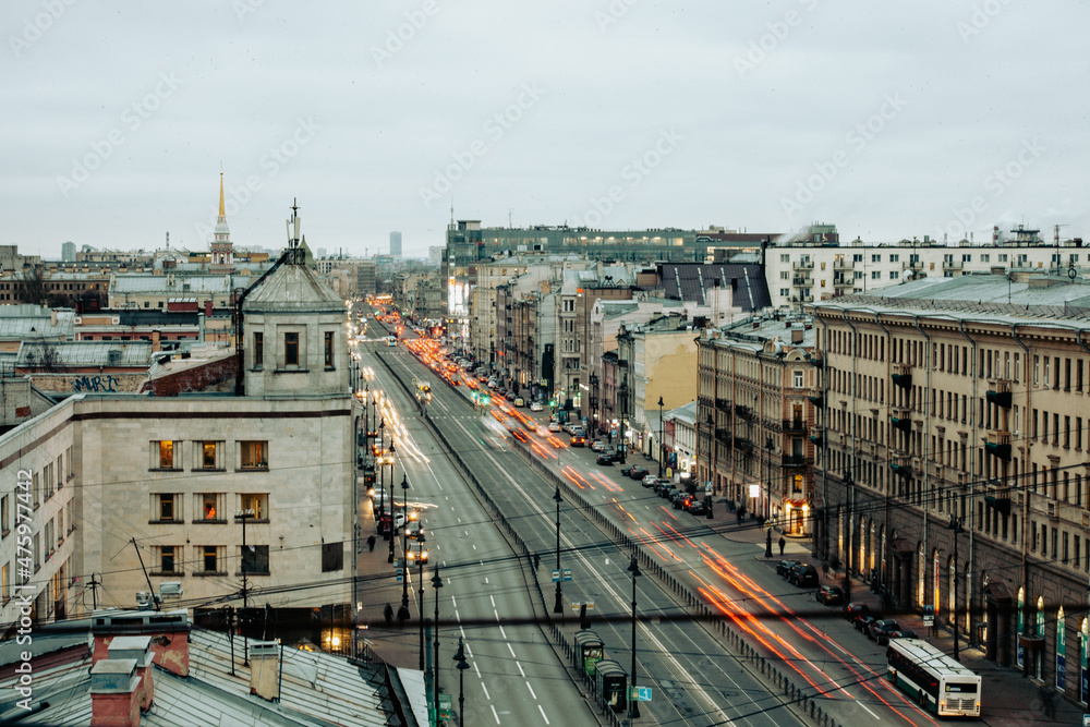 Top view of the evening Ligovsky Prospekt in St. Petersburg