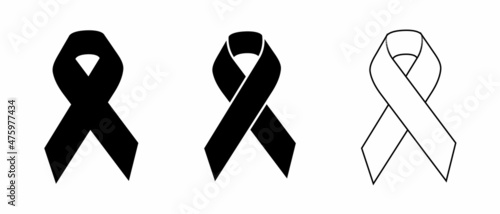 Set of vector black awareness ribbons from 3 different templates. Medical sign for a poster or banner of social action solidarity. 