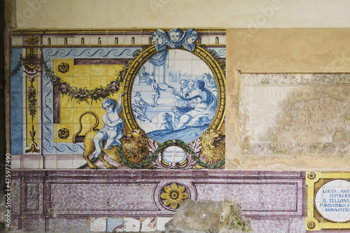 azulejos panel in the Cloister of Silence inside the Monastery of Santa Cruz in Coimbra, Portugal