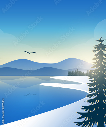 flat winter landscape of lake with mountains in the morning