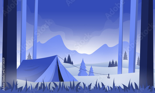 Winter camping landscape with mountains background wallpaper