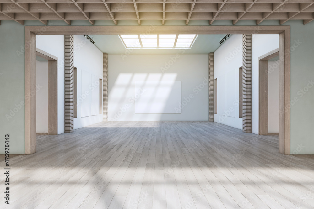 Fototapeta premium Bright concrete exhibition hall interior with wooden flooring, empty posters and sunlight. Gallery concept. 3D Rendering.