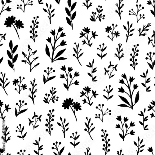 Vector botanical seamless pattern of isolated plants on a white background. Delicate flowering field grass. Russian medicinal flowers. Design of bouquets for fabric. Stock illustration for the fabric.