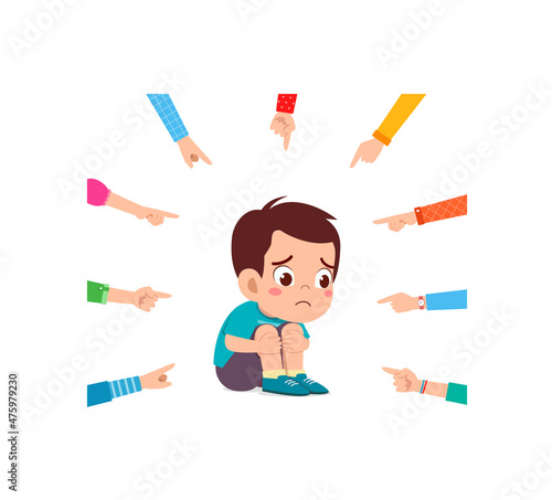 sad little boy get bullied and everyone pointing