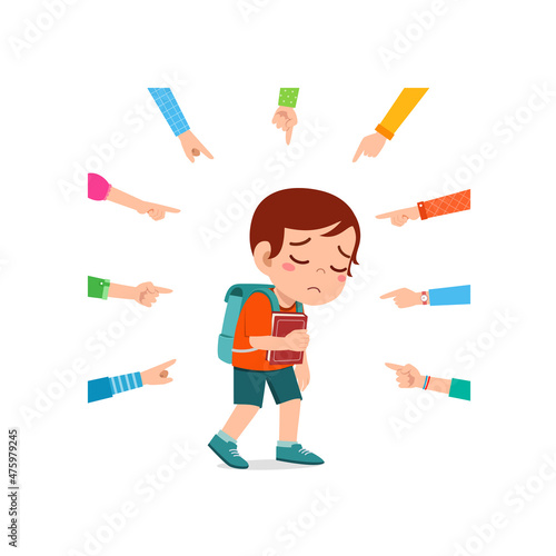 sad little boy get bullied and everyone pointing