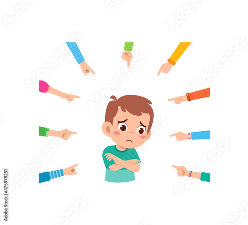 sad little boy get bullied and everyone pointing