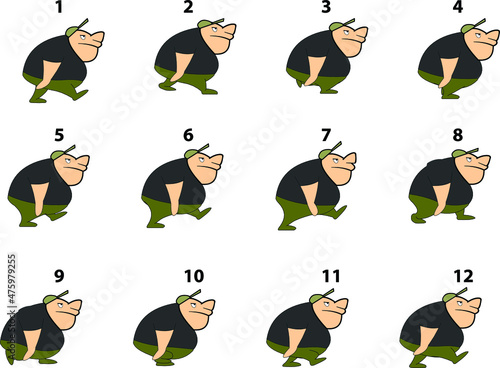 Fat boy walking cycle frames for cartoon animation design vector graphics