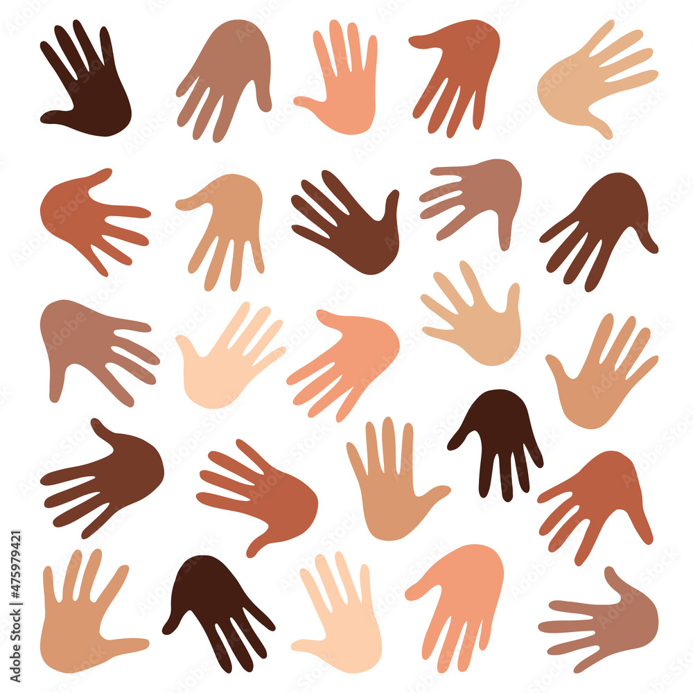 Colored palms hands isolated on white background. Palm sample. Vector flat illustration.