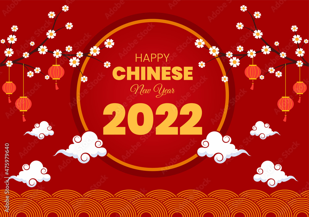 Naklejka premium Happy Chinese New Year 2022 with Zodiac Cute Tiger and Flower on Red Background for Greeting Card, Calendar or Poster in Flat Design Illustration