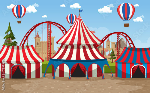 Amusement park scene with ferris wheel and circus dome
