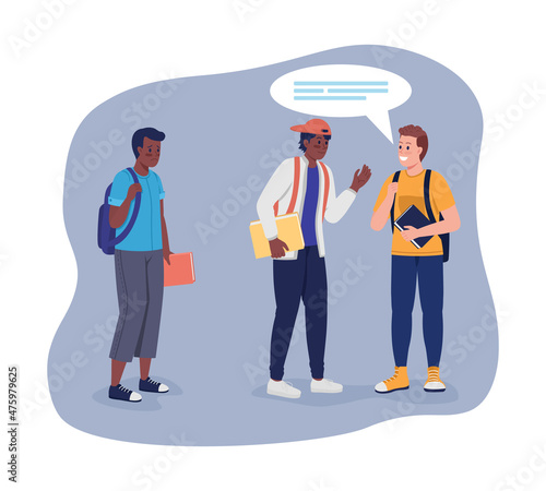 Struggling to make friends in college 2D vector isolated illustration. Schoolboy being ignored by classmates flat characters on cartoon background. Failed social interaction colourful scene