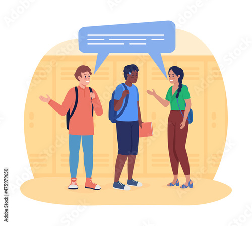 Suffering from social anxiety in school 2D vector isolated illustration. Embarrassed schoolboy with classmates flat characters on cartoon background. Discomfort in communication colourful scene