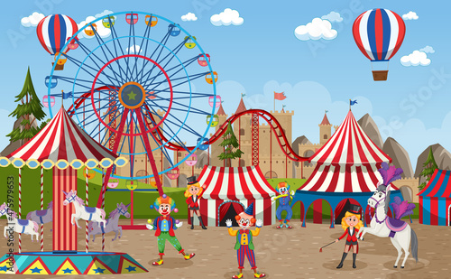 Amusement park scene with ferris wheel and circus dome