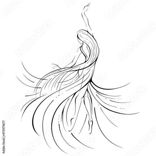 Sketch dancing ballerina in flying dress. Dance spirit concept. Vector hand drawn illustration in line art style. Dance studio symbol. Emotions of happiness, flight, passion