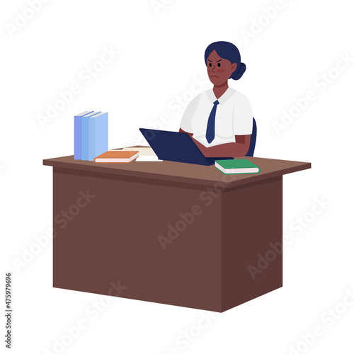Annoyed secretary sitting at table semi flat color vector character. Full body person on white. Gloomy mood isolated modern cartoon style illustration for graphic design and animation