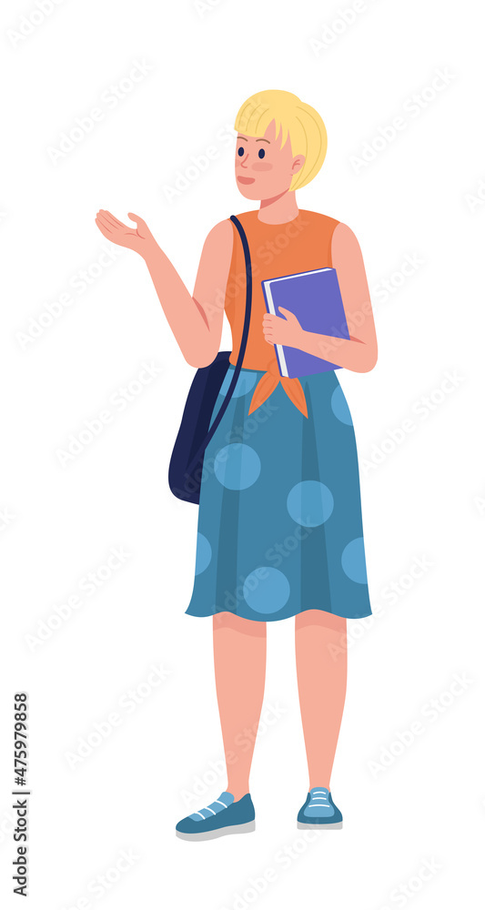 Female student in summer outfit semi flat color vector character. Standing figure. Full body person on white. Young girl isolated modern cartoon style illustration for graphic design and animation Female student in summer outfit semi flat color vector character. Standing figure. Full body person on white. Young girl isolated modern cartoon style illustration for graphic design and animation