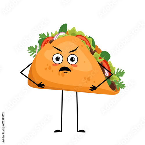 Cute character mexican taco with angry emotions, grumpy face, furious eyes, arms and legs. Irritated fast food person, sandwich with flatbread.