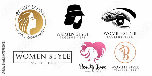 woman hair style stylized silhouette icon set, beauty salon logo template
